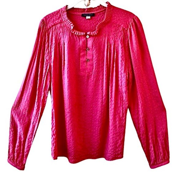 Tommy Hilfiger Blouse Coral Top Puckered Long Sleeve Neck Button Womens Large - Picture 1 of 14